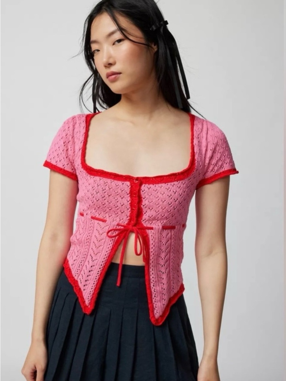 Urban Outfitters Pink and Red Pointelle Knit Top